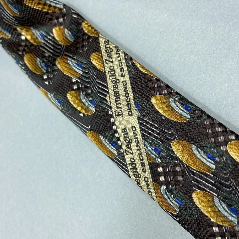 Ermenegildo Zegna Tie Necktie 100% Silk Geometric Abstract Designer Brown‎ Mens